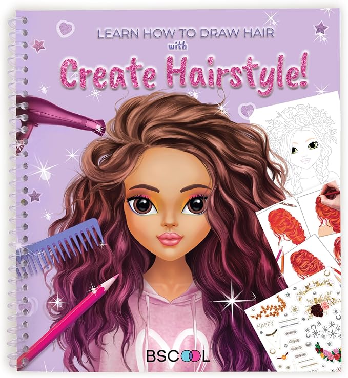 BSCOOL Sticker Book Fashion Design Activity Book for Kids. Hairstyles | Drawing, coloring, and hairstyle creation with guides. Creative sketchbook for little designers ages 5 and up.
