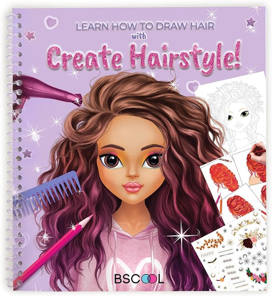 BSCOOL Sticker Book Fashion Design Activity Book for Kids. Hairstyles | Drawing, coloring, and hairstyle creation with guides. Creative sketchbook for little designers ages 5 and up.