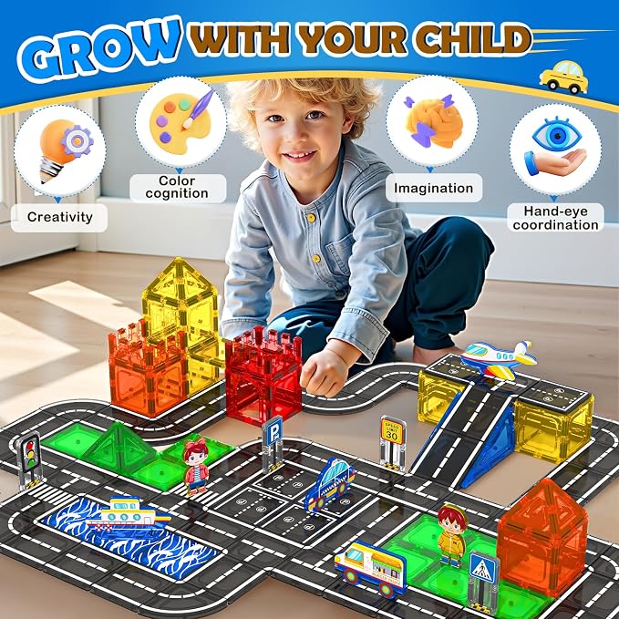112PCS Magnetic Tiles Road Set with Vibrant Color & Ultra Magnet Strength, City Road Building Blocks Construction Toys for Toddlers Kids Ages 3-12, Creative Gifts STEM Toys for 3+ Years Old Boys Girls