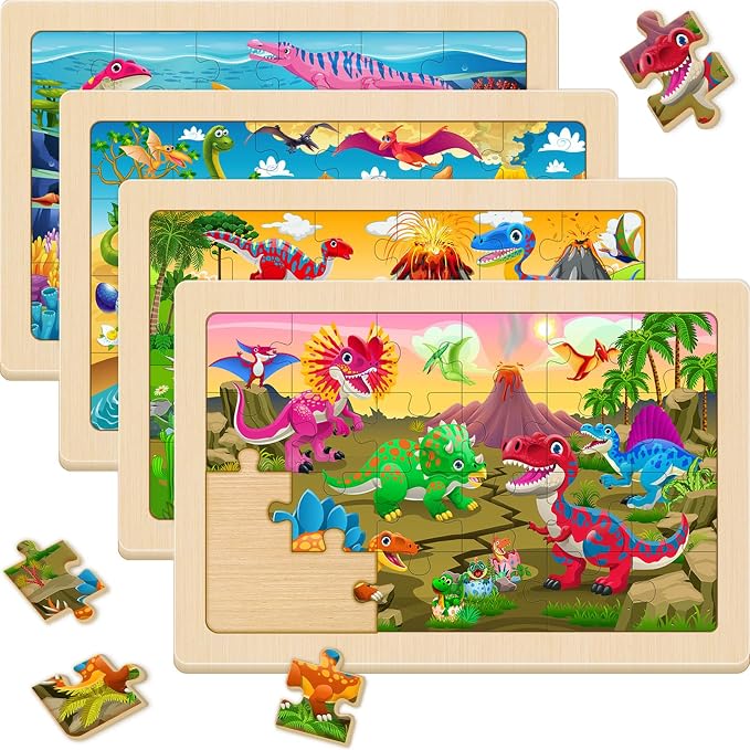 Wooden Puzzles for Kids Ages 4-6, 4 Pack 24 Pcs Toddler Puzzles Set for Ages 3-5, Educational Toys Gift for Boys Girls 3 4 5 6 7 8 (Dinosaur Land, Volcano, Sea & Forest Dino Worlds)