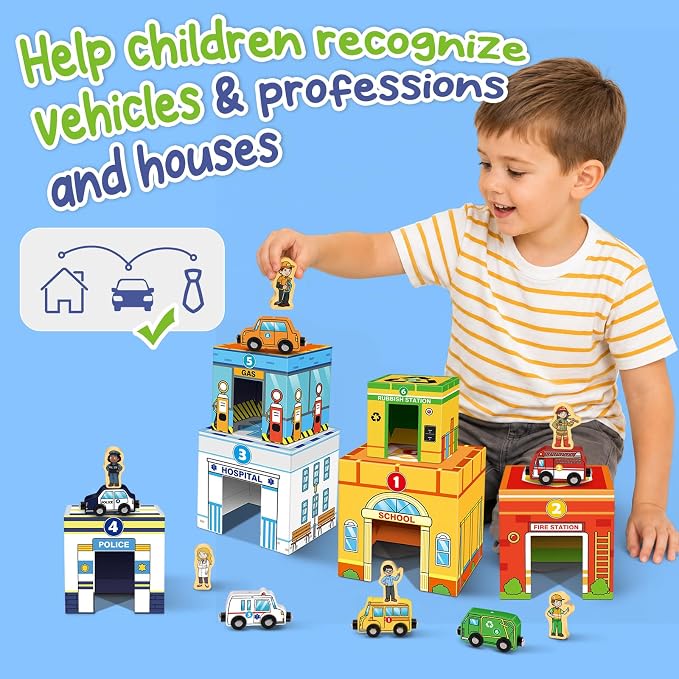 Magnetic Wooden Vehicles & STEM Sorting Blocks – Montessori Toys Age 3+ | Cars&Community Helpers;Sorting&Stacking Toys;Educational Learning Gifts for Kids;Preschool Kindergarten Classroom