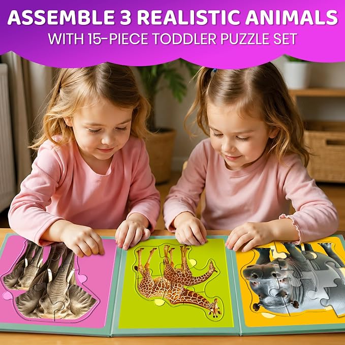 QUOKKA Step Up Magnetic Puzzles for Toddlers 1-3, Safari Animals Puzzle Set in One Book, Travel Games for Kids 3-5, Screen Free Toy for Toddlers and Preschoolers