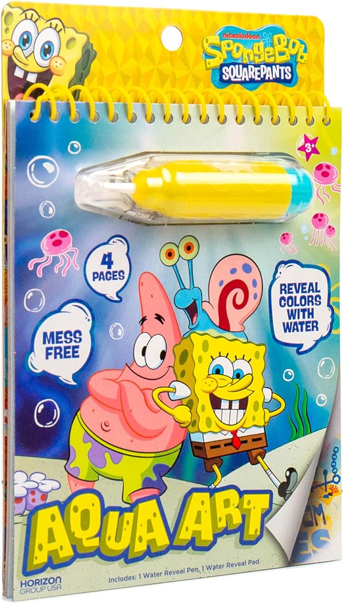 Spongebob Aqua Art, Mess-Free Water Reveal Coloring Book with Pen, No Mess Travel Activity Pad for Kids & Toddlers, Reusable Water Art Set, Preschool On-The-Go Toy, Mess Free Coloring for Toddlers