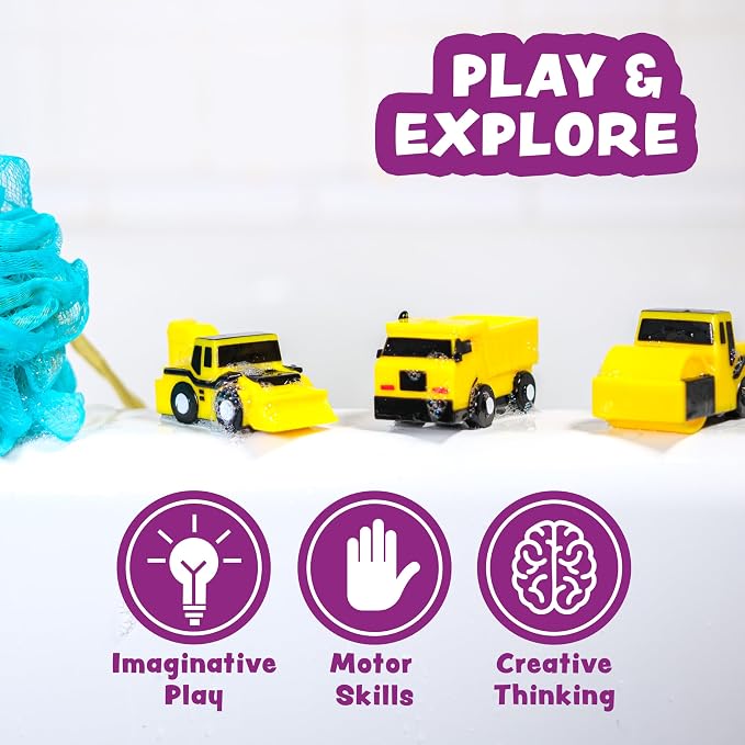 Tub Works® Construction™ Trucks Mold Free Bath Toys, 6 Pack | Sealed, No Hole Bath Toys Design Keeps Moisture Out | Soft, Squeezable & Float on Water | Baby & Toddler Bathtub Toys | Baby Pool Play