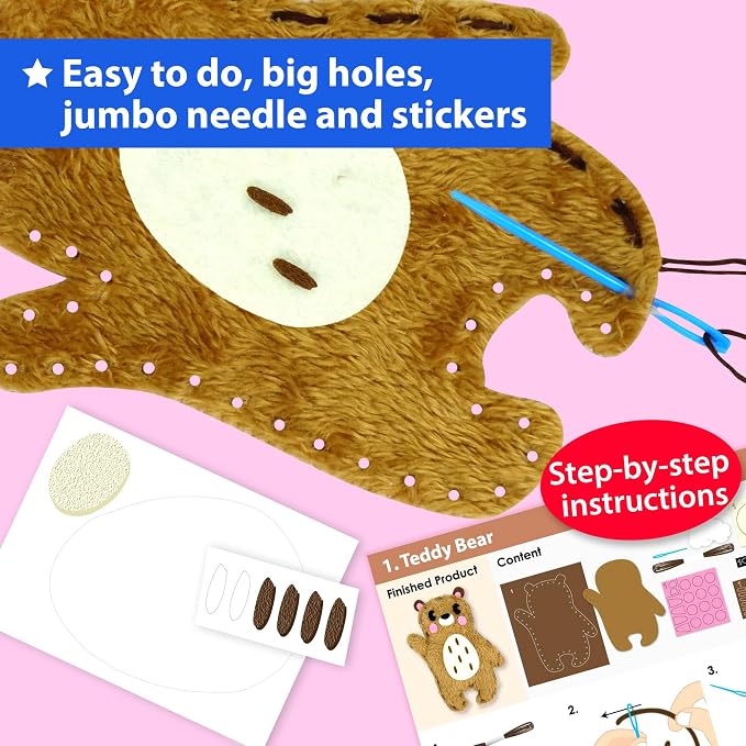 KRAFUN Woodland Animal Sewing Kit for Kids Ages 6+ | 8 Dolls | Sew 8 woodland animals: Bear, Bunny, Fox & Owl. Instructions & felt included. Beginner gift for girls & boys