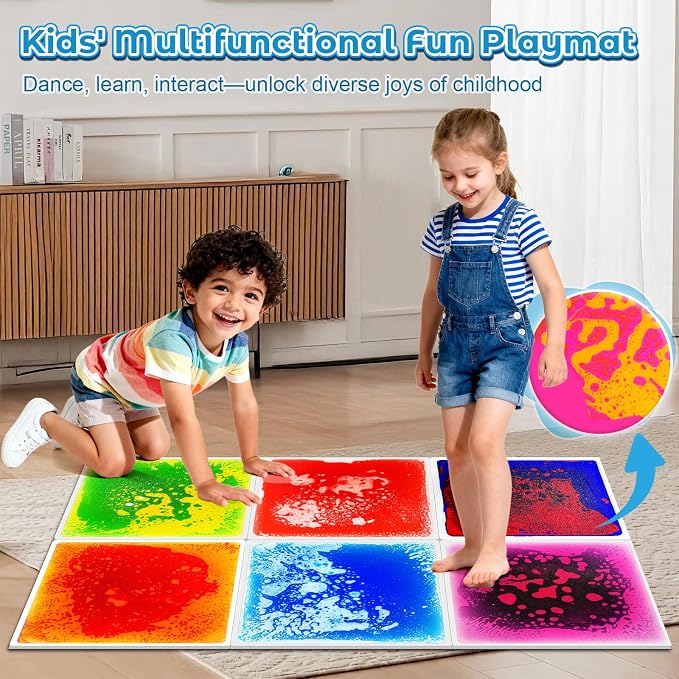 Toddler Sensory Liquid Floor Mats - 6-Piece Liquid Play Mat Pack 12" x 12" | Square Sensory Puzzle Mats for Autism, Lava Brick Dance Step Mats, Montessori Gross Motion Toys for Preschool Classrooms