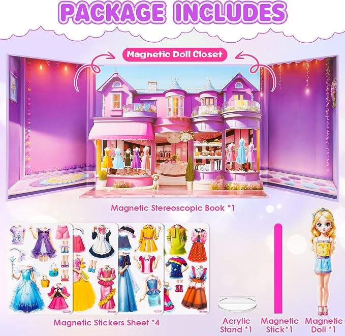 Magnetic Dress Up Dolls for Girls - Princess Magnet Paper Dolls Book with 3D City Buildings - Travel Car Trip Quiet Book Game Toys Easter Birthday Gifts for Kids Toddlers Ages 3 4 5 6 7(Style A)