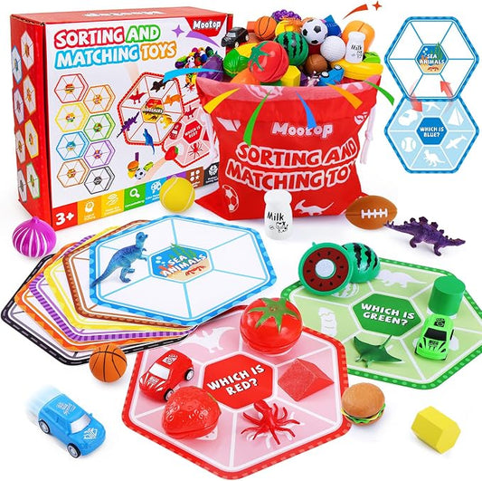48-Piece Sorting-Toys-for-Toddlers, Learning Fine-Motor-Toys Sorting-Games | Sorting Matching Toys Match Card & Sort Game Set with Storage Bag, Animals Dinosaurs Fruits Foods Balls Playset for Ages 2–5