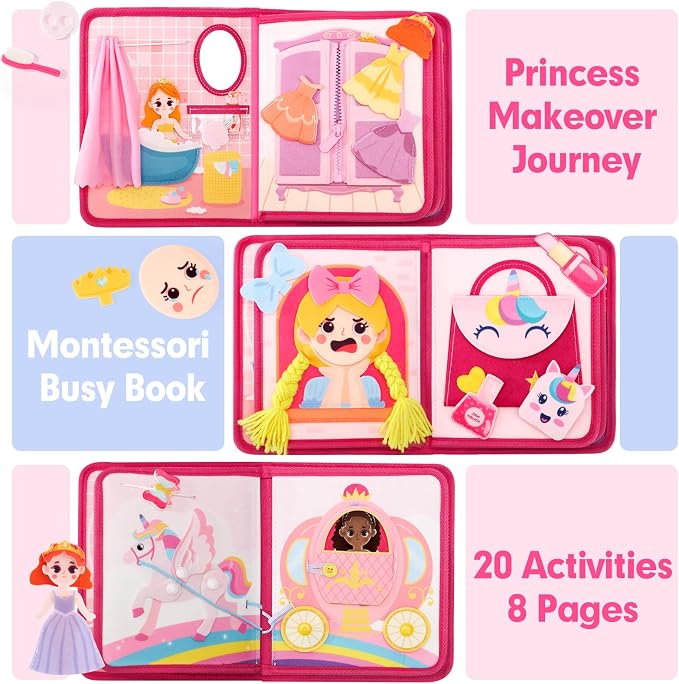 hahaland Princess Busy Book Toddlers 3-5, Dress up Pretend Play Makeup Toys | 3 Year Old Girl Gifts, Toddler Airplane Car Seat Travel Toy Quiet Felt Activity Busy Board for Girls