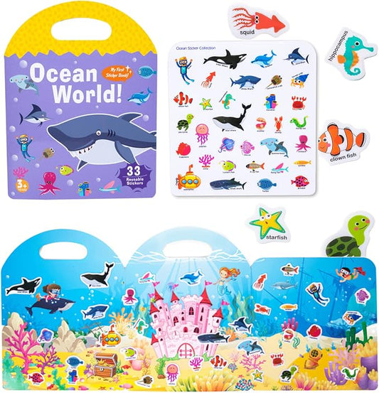 Jelly Reusable Sticker Books, Portable Travel Toys Sticker Activity Book for Kids 3+ Year Old Girls Boys (Ocean)