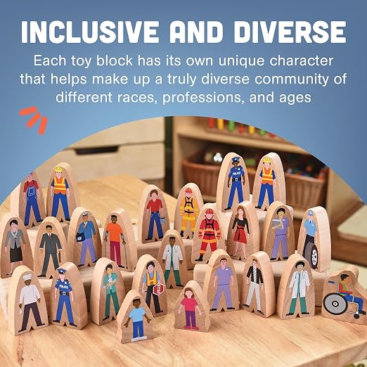 Constructive Playthings Wooden Community Helpers, Set of 25 | 25-Piece Wood Block Play Figurine Set, Freestanding Inclusive and Diverse Wood Toy Figures for Kids Ages 3+
