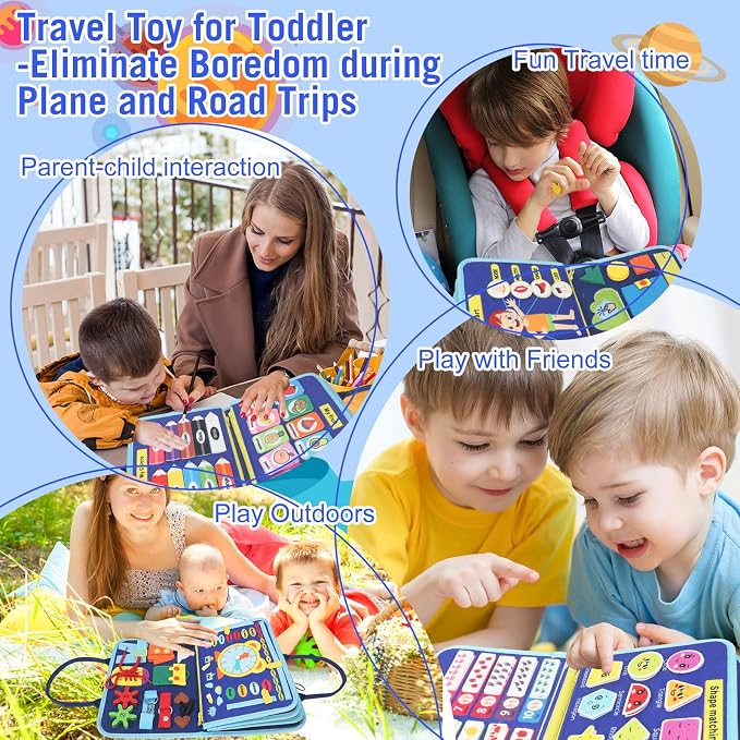 URBAN TOYS Toddler Busy Board for Kids Ages 3+, Montessori Busy Book, Sensory Learning Toy for Fine Motor Skills, Toddler Travel Essential for Airplane & Car, Gift for Boys & Girls