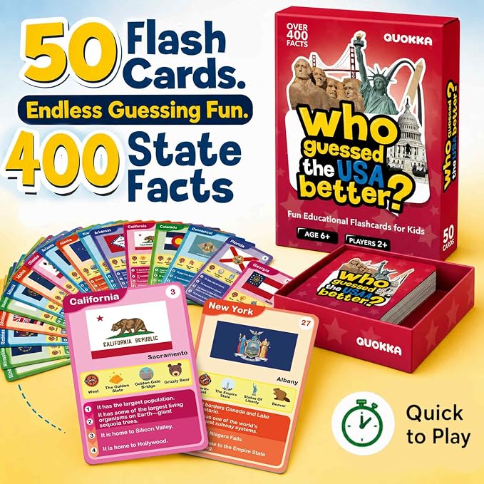 Quokka Who Guess It Better USA States – Educational Game with Visual Clues, Geography Learning Card Set, 50 Cards, Screen-Free Travel Game for Kids Ages 6+