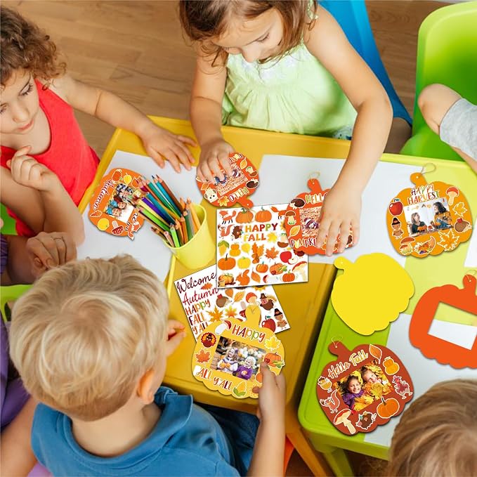 Kepeel 30 Packs Fall Picture Frame Craft Kit for Kids, Thanksgiving | Pumpkin-shaped fall picture frame crafts with autumn stickers for Thanksgiving classrooms, family activities and displays