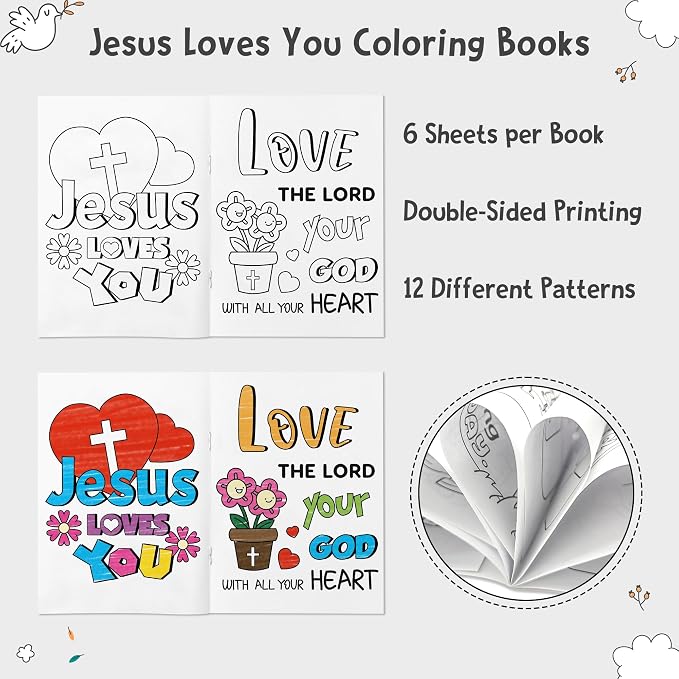 Dvbonike 48Pcs Jesus Loves You Coloring Books Religious DIY Color-in Pages | Bible Drawing Booklet Bulk, Christian Artwork, Holiday Activity, Sunday School Supplies, Classroom Rewards, Gift, for Kids