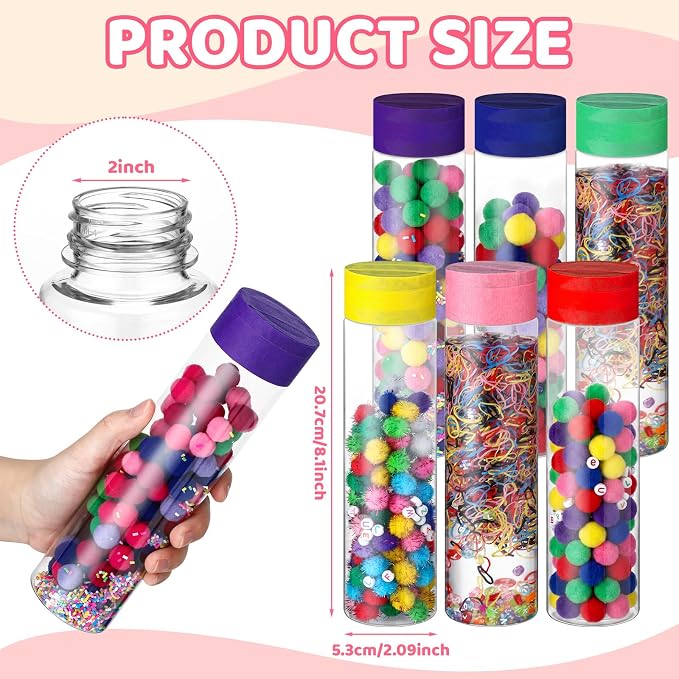 FoldTier 12 Set Letter Sensory Bottles, Plastic Clear Calming Kit | 13.5 oz Bottle, Pom-pom Balls, Alphabet and Number Decor, Clay, Rainbow Tape, Calm Down Jar Filler for Back to School