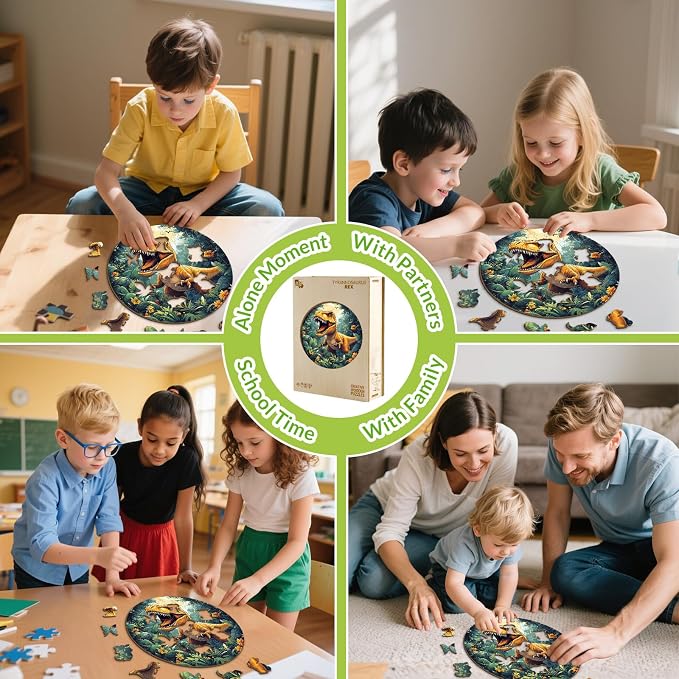 Wooden Puzzles for Kids - Dinosaur Tyrannosaurus Rex | 50 Piece Puzzles for Kids Ages 4-6 - Kids Puzzle with Unique Animal Shapes - Round Puzzles for Boys and Girls (11.4 * 11.4in)