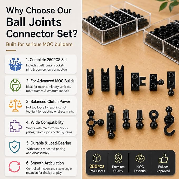 Ball Joints Socket Plate Connector - 250pcs Building Block Bulk Parts and Pieces, Pins Towball Bricks Accessories Sets Black