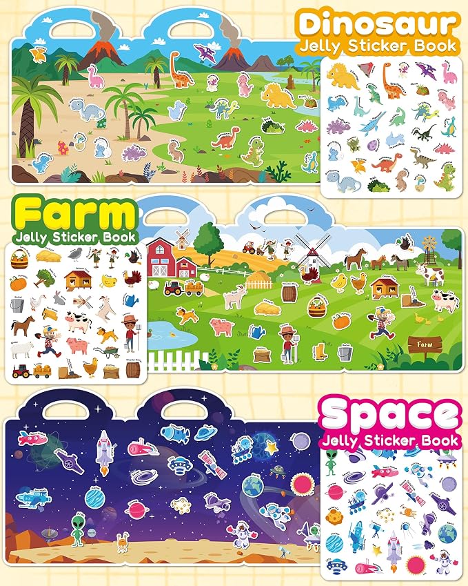 Zartores 6 Pack Jelly Reusable Sticker Book for Toddlers, Stickers for Kids | Screen-Free Travel Toys, Mess-Free Toddler Activities Toys, Airplane Car Road Trip Essentials Kids, Boys Girls Birthday Gift