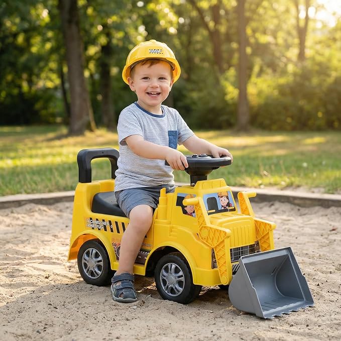 HONEY JOY Ride On Tractor with Trailer, Kids Excavator Bulldozer with Shovel, Seat Storage, Engine Sound, Music, Manual Control Bucket, Ride On Construction Vehicle for Toddlers Boys Girls, Yellow