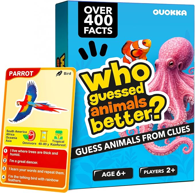 Quokka Who Guess It Better Animals Volume 1 – Educational Game with Visual Clues, Animal Discovery Card Set, 50 Cards, Screen-Free Travel Game for Kids Ages 6+