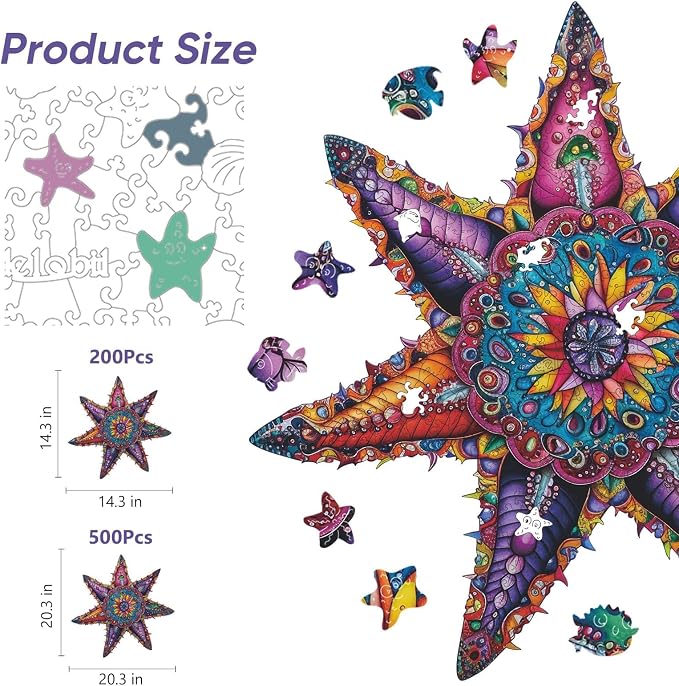 Qiuenisray Wooden Jigsaw Puzzles for Adult 500 Piece, Starfish Ocean Puzzle | Wood Jigsaw Puzzles, Wall Decor, FSC Certified Unique Shape Adult Puzzles Piece, Creative Gift for Family Games 20.3x20.3 in