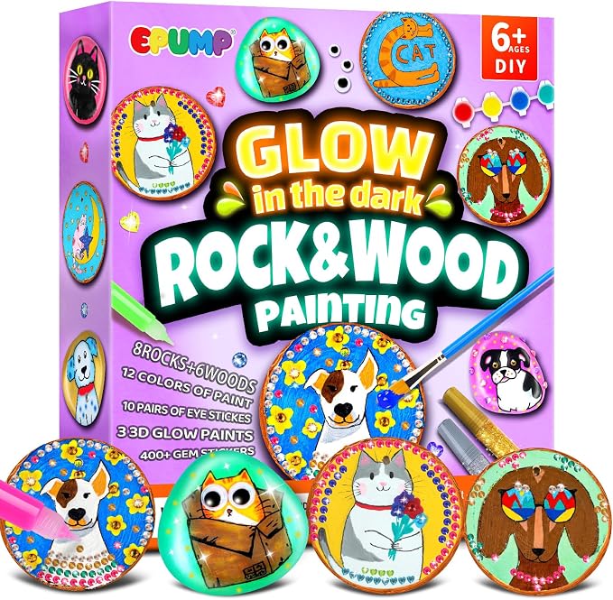 Rock & Wood Painting Kit for Kids Creative Arts & Crafts Set for Boys Girls | Paint wooden shapes and rocks with vibrant colors to create beautiful crafts, Perfect for birthdays classrooms and family fun