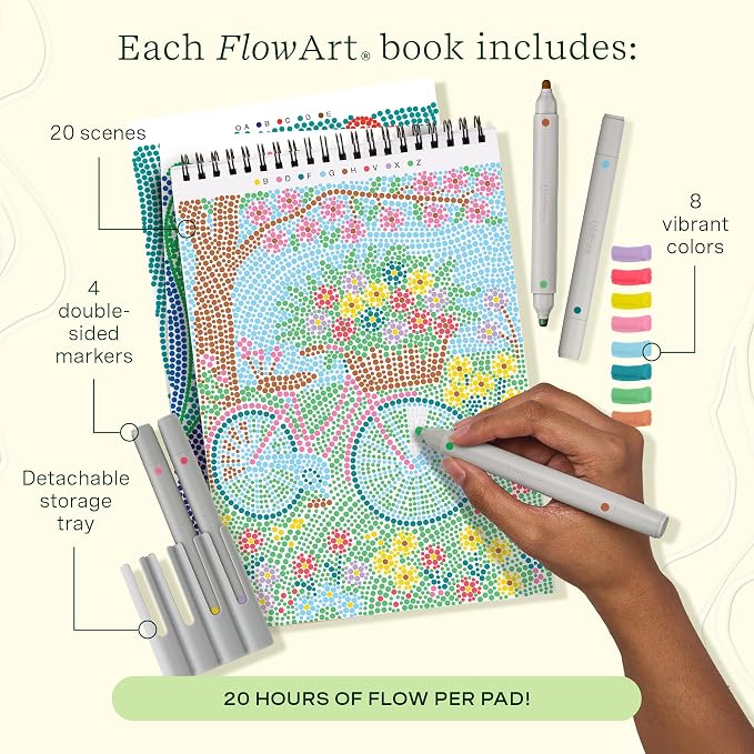 Lifelines FlowArt Activity Pads 3-Pack, Dot-by-Letter Guided Coloring Books | 12 Double-Sided Markers & 60 Scenes - Guided Art Meditations for Tweens, Adults & Seniors - Color-by-Number - Patent Pending