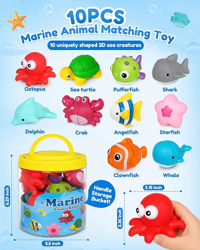 10 Pcs Ocean Animals Matching Toys for Toddlers 1-3 | Fine Motor Skills & Color Sorting Learning Toy, Educational Sea Creatures Travel Toys, Gifts for Boys & Girls