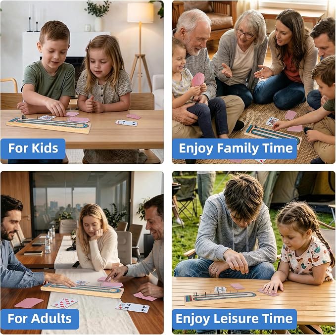 Offelec Upgraded Wooden Folding Cribbage Board Game Set - 3 Track Board with 2 Decks of Cards, 9 Metal Pegs & Storage | Portable Travel Cribbage for Kids, Adults and Family