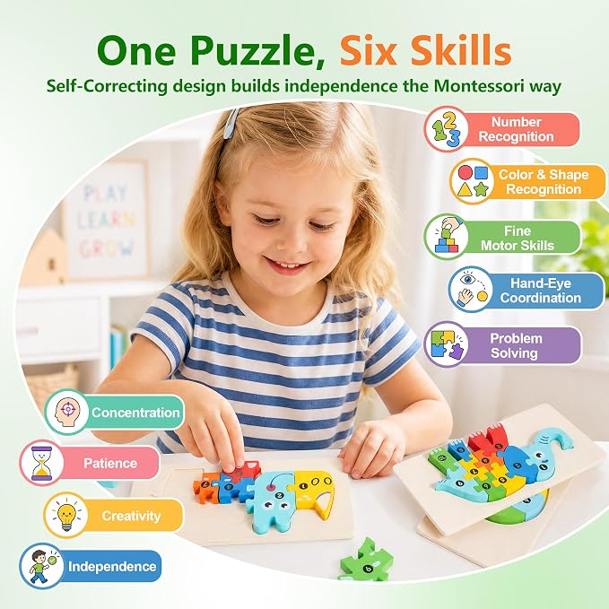 7 Pack Wooden Puzzles for Toddlers 3-5, Montessori Animal Puzzles | 70 pieces, with Numbers 1-10, CPC certified, for 3 4 5 Years Old, Preschool Learning Educational Toys, Boys Girls Gift