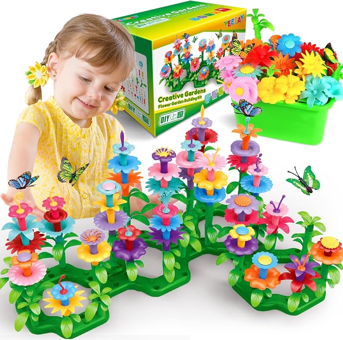 YEEBAY Flower Garden Building Toys for Girls Age 3, 4, 5, 6, 7 Year Old - STEM Gardening Toys for Kids - Stacking Game for Toddlers Play Set - Educational Activity for Preschool (148 PCS) | Flower Stacking Toy with Washable Pieces, Portable Box and Gif...