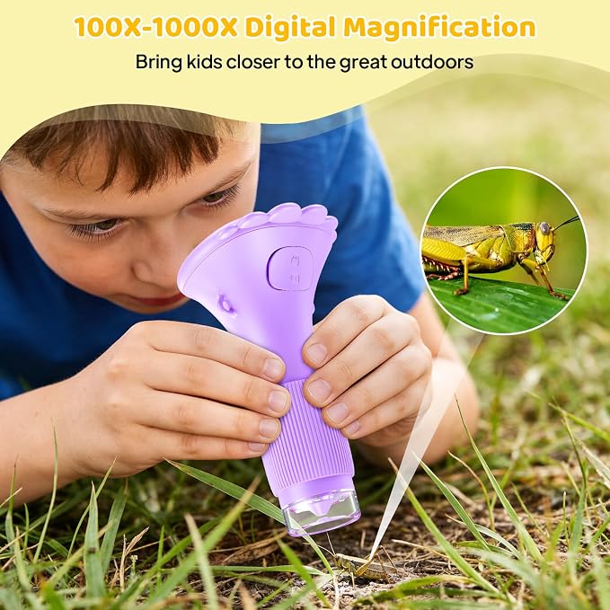 Ashfly Microscope for Kids 200x Zoom 2-Inch HD Kids Microscope Camera - STEM Learning Kit | Portable Science Tool | Perfect for Ages 3-12 Girls | Purple
