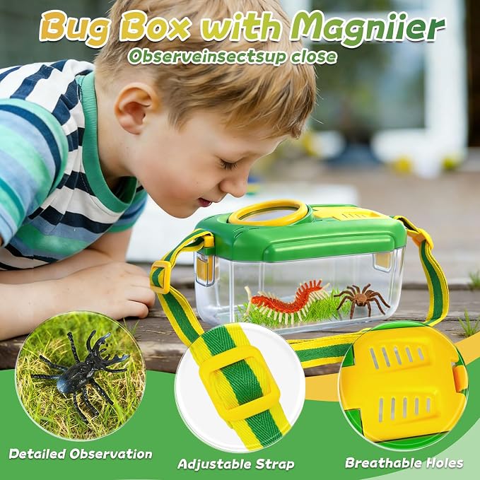 YongnKids 28 Pcs Bug Catcher for Kids with Butterfly Net for Kid Age 3 4-8 | Bug Catching Kit Outdoor Explorer Kit with Magnifying Glass Insect Catcher Tweezers, Insects & Insect Cognition Cards