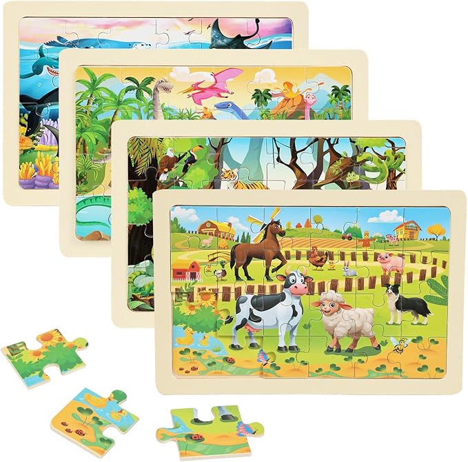 Wooden Puzzles for Kids Ages 4-6, 24 Piece Vehicle Car Construction Jigsaw Puzzles 4 Packs, Preschool Toddlers Learning Activity Puzzles Toys for Boys Girls 3 4 5 6 Years Old (Dinosaurs+Farm+Ocean)