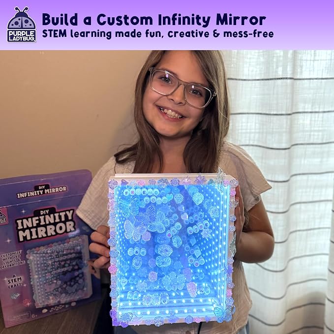 DIY Infinity Mirror Kit, Screen-Free Crafts for Girls Ages 6-12 | Light-Up STEM Crafts with Gems & Assorted Alphabet Beads for Customization, Educational Girls Crafts Ages 6-8