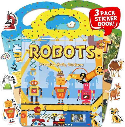 3 Sets of Reusable Jelly Stickers Books - Perfect for 3-6 Year Olds Jelly Stickers Books - Airplane and Car Travel Toys Educational Gifts for Boys and Girls (Robot+Science+Desert