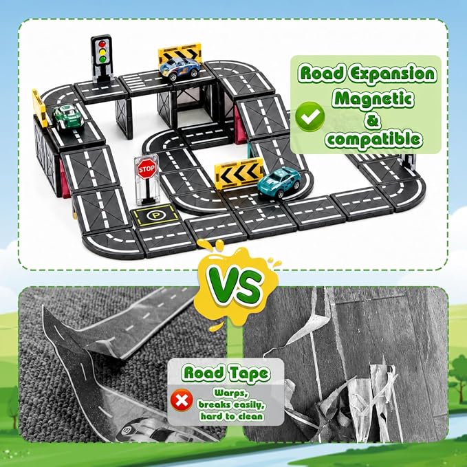 Magnetic Tiles Road Set with Cars, Magnetic Blocks for Kids Ages 4-8 | 6 Cars, Traffic Lights & Road Signs, STEM Construction Toy for Boys Girls Ages 3-5 4-8 5-7, Expansion Magnetic Building