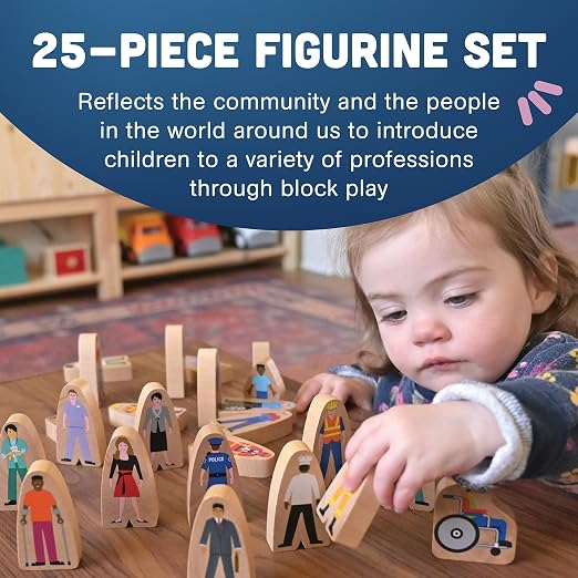 Constructive Playthings Wooden Community Helpers, Set of 25 | 25-Piece Wood Block Play Figurine Set, Freestanding Inclusive and Diverse Wood Toy Figures for Kids Ages 3+