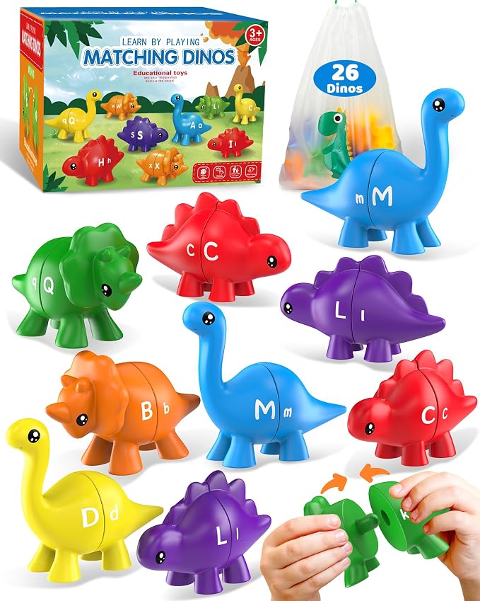 Walenty 26PCS Dinosaur Alphabet Learning Toys for Toddlers Kids 3-5 | Montessori Educational Toys Gifts for 3 4 5 Year Old Boy Girl, Preschool Travel Activities, Double Sided ABC Matching Game