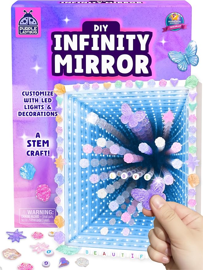 DIY Infinity Mirror Kit, Screen-Free Crafts for Girls Ages 6-12 | Light-Up STEM Crafts with Gems & Assorted Alphabet Beads for Customization, Educational Girls Crafts Ages 6-8