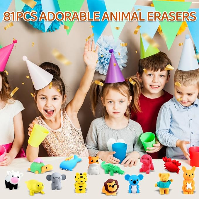 URSKYTOUS 81Pcs Animal Erasers Desk Pets for Kids Animal Pencil Erasers Bulk Puzzle Eraser Toys Gifts for Classroom Prizes,Game Reward,Treasure Box,Easter Egg Fillers,Goodie Bag Stuffers,Party Favors