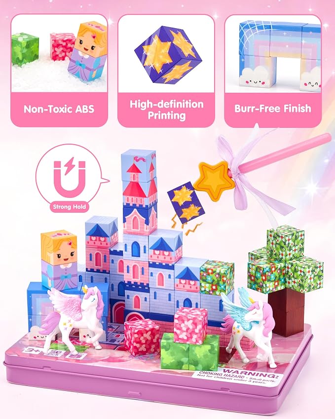 hahaland Unicorn Magnetic Blocks Travel Set Toy for Kids Ages 3-8, 50 Pcs | Includes Portable Magnetic Case, 2 Unicorn Figures, Magnetic Wand, 46 Pcs Mini Magnetic Cubes, Castle STEM Building Toy