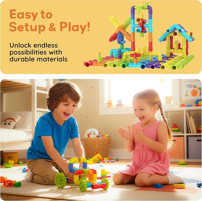 PicassoTiles 76PC STEM Pipe Building Interlocking Tube Construction Toy with Wheels and Storage Backpack Creative Educational Brain Development Learning Blocks for Kids Ages 3+ Boys and Girls PTT138