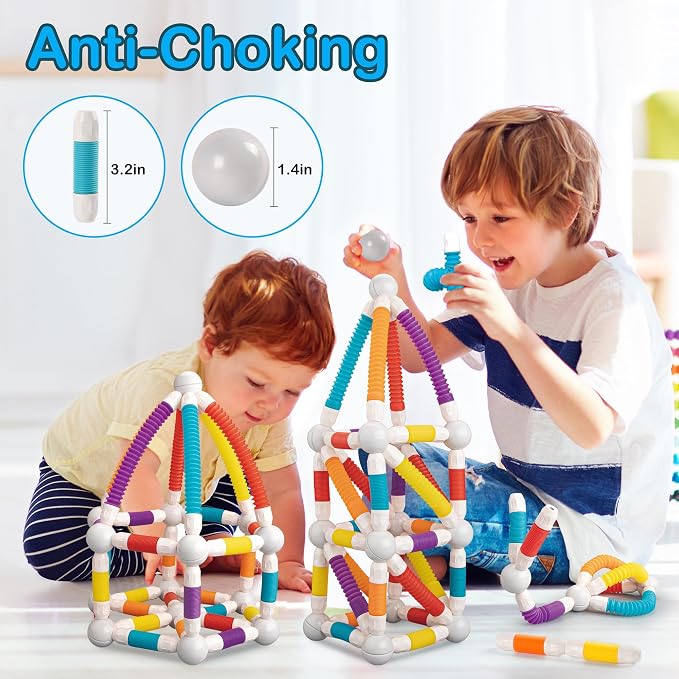 ROUSKY Magnetic Building Blocks Construction Set, 66 Pieces, Educational STEM Toy with Flexible Tubes and Connectors (66PCS)