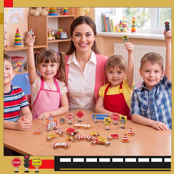 Blosssound 26 Pcs Wooden Toys for Preschool Classroom Construction Signals | Wooden Toys Set for Dramatic Play Center, Pretend Games for Kids Classroom, Educational Blocks