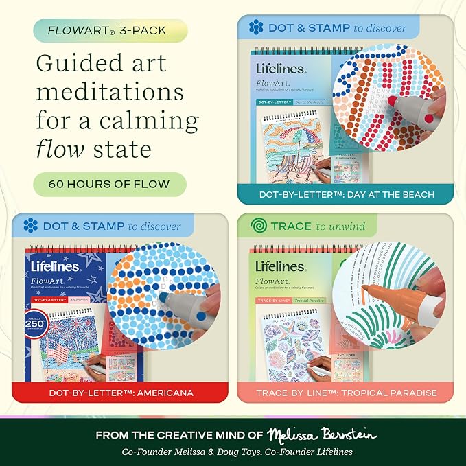 Lifelines FlowArt Activity Pads, 3-Pack, Dot-by-Letter Coloring Books | 12 Double-Sided Markers, 60 Scenes - Guided Dot Art Meditations for Tweens, Adults & Seniors - Patent-Pending