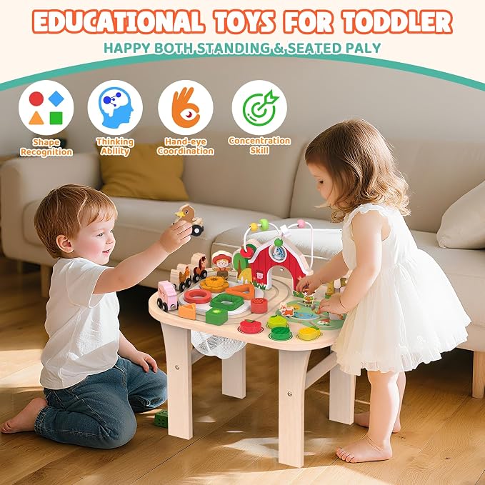 Weilim Montessori Activity Table for 1 Year Old, Wooden Farm Toddler Toy | Busy Activity Center with Bead Maze, Shape Sorter, Train Track & Spinning Gears—Sensory Play That Grows Fine Motor Skills