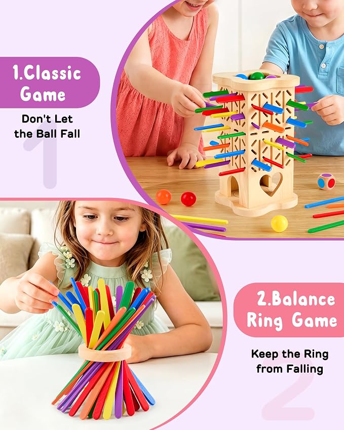 Montessori Wooden Board Game for Kids 3–8, Fine Motor Skills Toy 42 Strips | Color matching, 2 play modes, cognitive growth & family fun — CPC-certified rubberwood, safe gift for boys girls ages 3–8