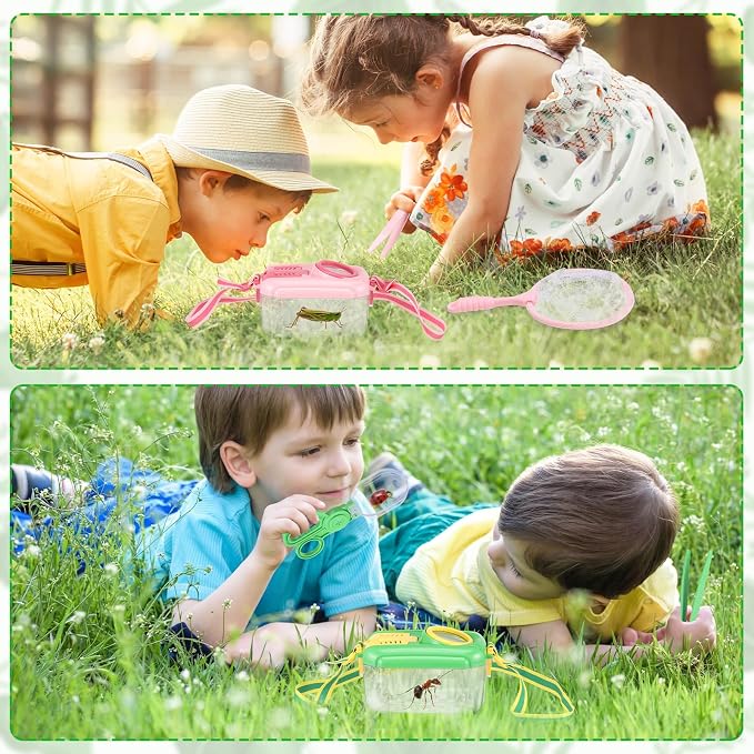 Halloscume 10 Sets Bug Catcher for Kids Students Insect Catching Kit Collector Bug Box with House, Butterfly Net, Tweezer, Cage Habitats Container Collection Explorer Gift (Pink,Green)